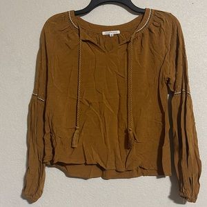 Copper Key Mustard Yellow Blouse with embroidery, peasant sleeves, and tassels